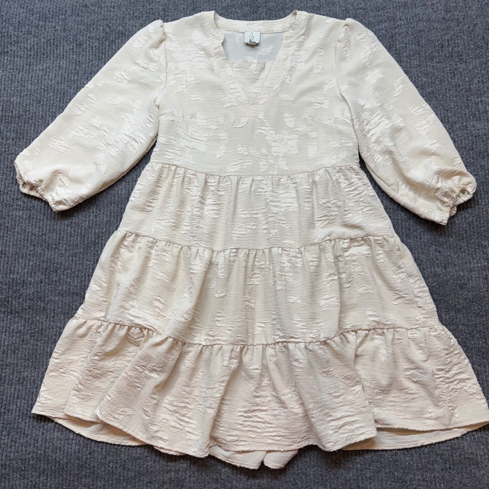 Joie Cream Jacquard Tiered Mini‎ Dress M Floral Boho Romantic Cottagecore